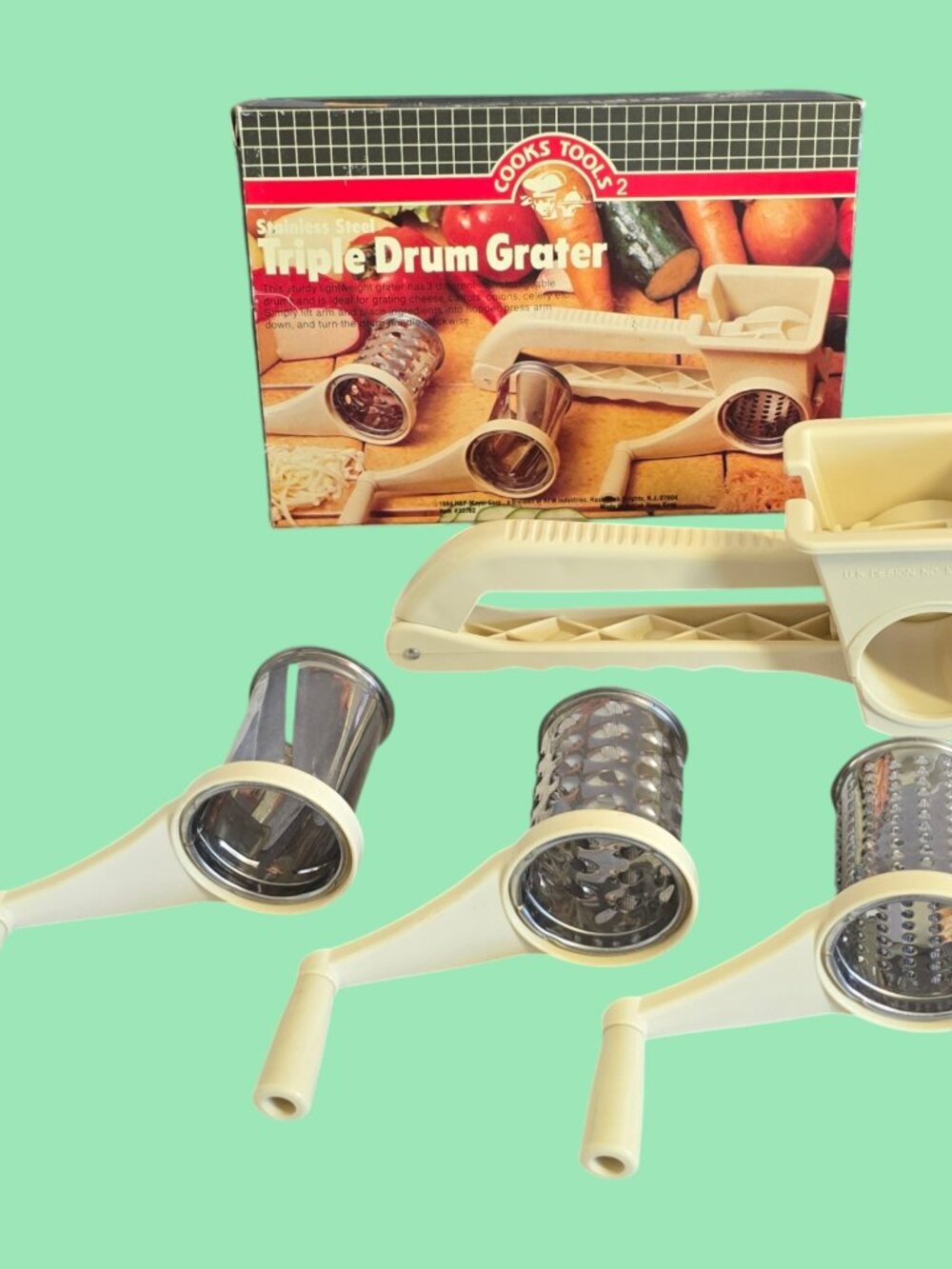 Vintage 1984 Cooks Tools 2 Triple Drum Grater With 3 Drums & Original Box